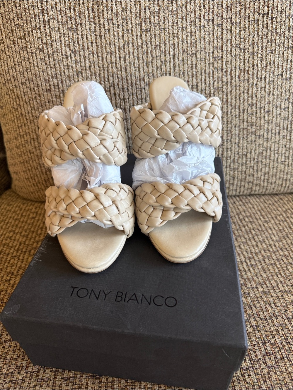 Tony Bianco Beige Braided Double-Strap Slide Mules